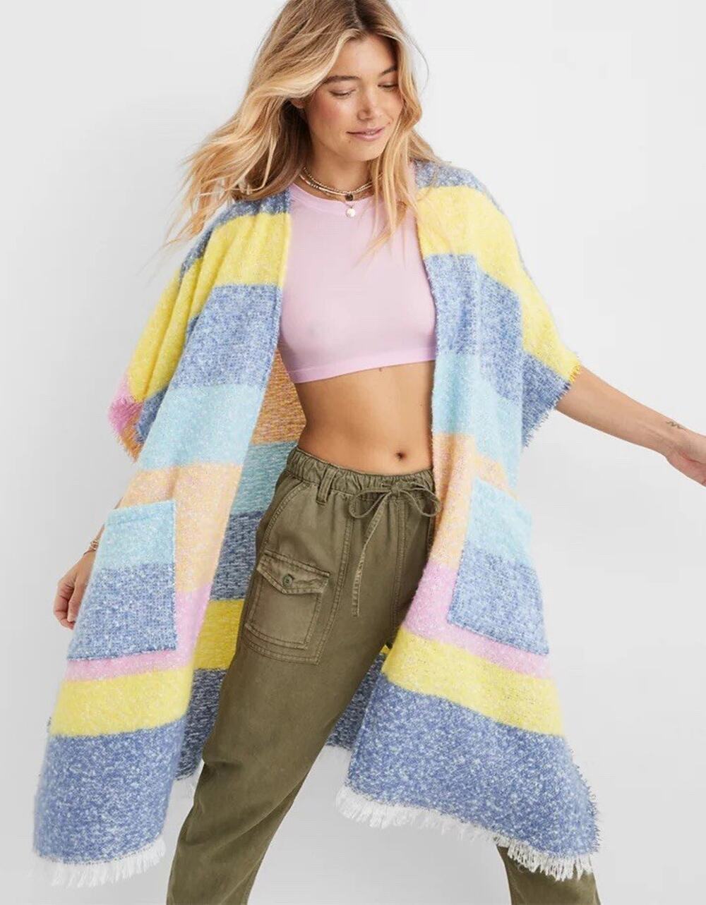 Aerie Maxi Striped Cape Poncho Blue Yellow Pink Fringe Pockets One Size Boho